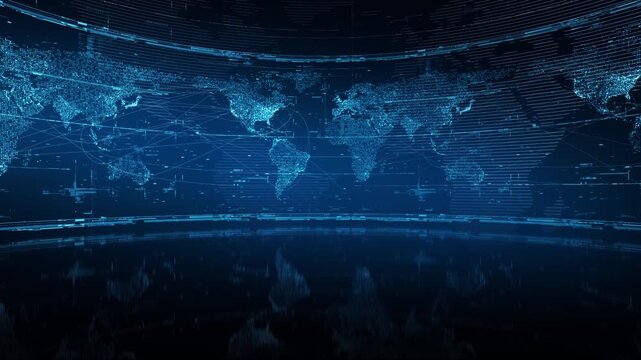 Earth map animated, highly detailed video background in modern style &ndash; global rotating world, earth map in shades of blue with network connections.