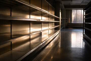Obraz premium A long, illuminated metal shelving unit lines a dimly lit hallway with a polished floor.