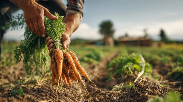 Male farmer holding a bunch of fresh organic carrots just pulled from the soil in a field