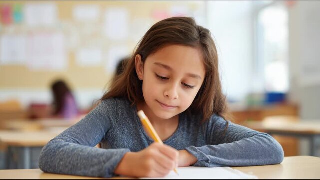 Little girl smiling while doing her homework with a pencil in a classroom during an elementary lesson