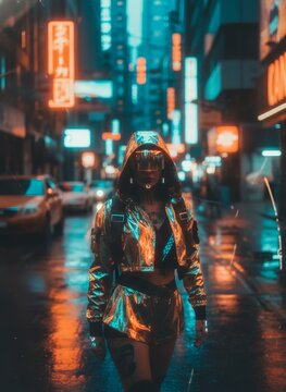 Cyberpunk woman wearing a glowing visor and a metallic jacket walking down a wet neon-lit city street at night, futuristic concept for sci-fi gaming, metaverse, and virtual reality