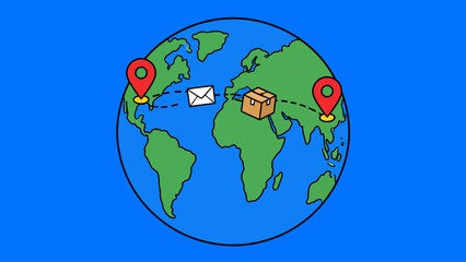 Naklejka premium Global Logistics and International Shipping Illustration Showing Mail and Parcel Delivery Across World Map on Blue Background