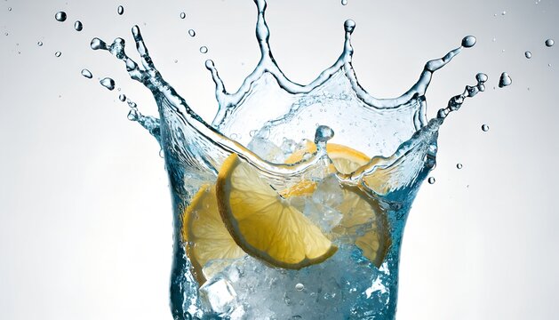 Refreshing Lemon Water Splash With Ice Cubes For A Cool And Invigorating Experience.