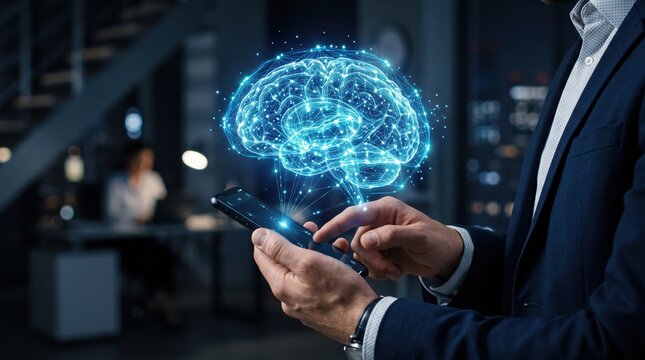 Futuristic artificial intelligence, glowing blue holographic brain projecting from smartphone screen, businessman holding mobile device with advanced neural network technology