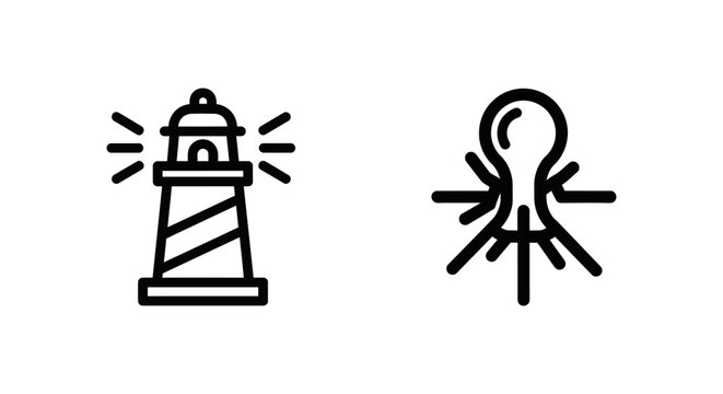 Set of black outlined lighthouse beacon and etch node icons with lighthouse abstract minimalist collection branding template interface creative decoration silhouette isolated
