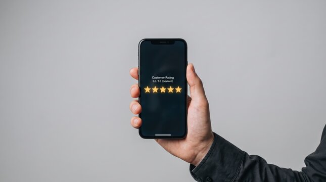 Hand holding smartphone displaying five star customer rating review on black screen, excellent service feedback, positive user experience, mobile app evaluation, satisfaction score