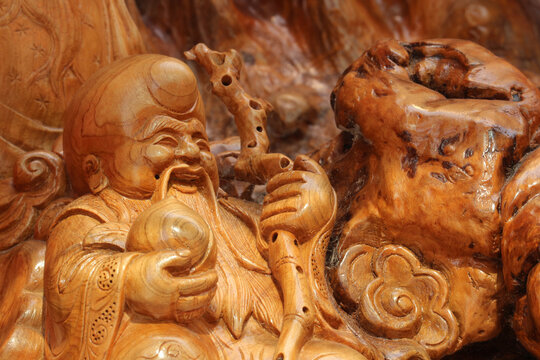 Shou Lao root carving wooden statue of longevity god, hand carved natural wood Ong Tho figure with immortal peach for feng shui interior decoration, Vietnam