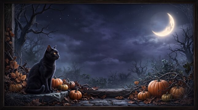 Black cat sitting with orange pumpkins in a spooky forest under a crescent moon on a dark night for halloween