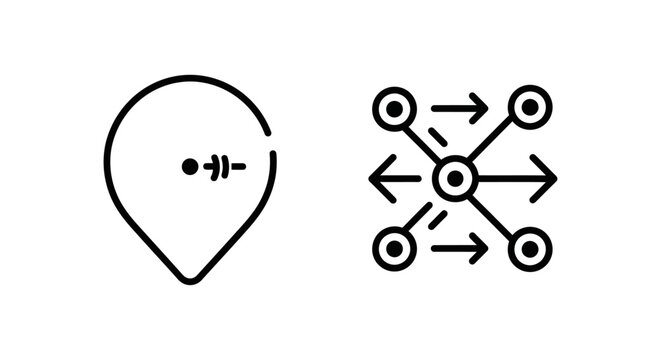 Set of two black outline vector icons featuring a radar geopulse map pointer and a vertex flow directional network collection location navigation connection direction technology
