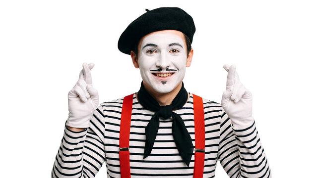 Mime Artist Crossing Fingers Smiling in Traditional Costume Isolated on White Background