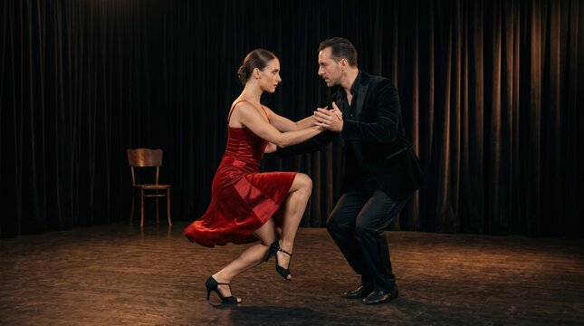 Professional Tango Dancers in Dramatic Transitional Pose, Woman Rising from One-Knee Position Before Pivot in Scarlet Velvet Dress and Black Dinner Jacket