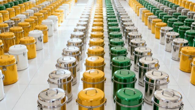 Rows of colorful stainless steel catering food containers and thermal storage drums arranged in a bright warehouse for commercial meal delivery logistics