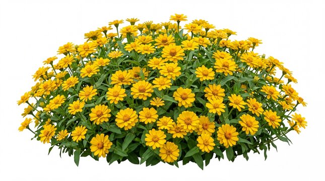 Vibrant yellow zinnia flowers blooming in a dense lush cluster display captured with high detail isolation on white background