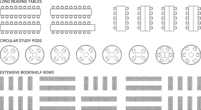 Architectural floor plan symbols, library furniture top view icons, reading tables and circular study pods vector set