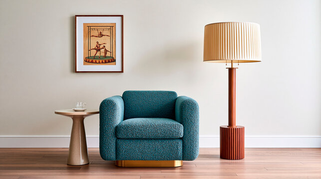 Stylish funhouse interior with blue textured armchair, sculptural side table, vintage circus artwork and elegant floor lamp in a minimalist room