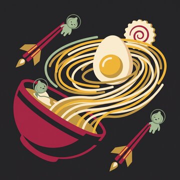 Ramen noodle galaxy swirling in space with egg planet and tiny alien onion characters, surreal food concept