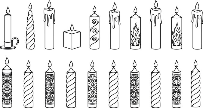 Set of decorative burning candle line icons with wax flame spiral pattern and candlestick isolated on white background