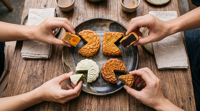 Close up of  four hands holding sliced cut of mooncake with egg yolk for Chinese Mid-Autumn Festival