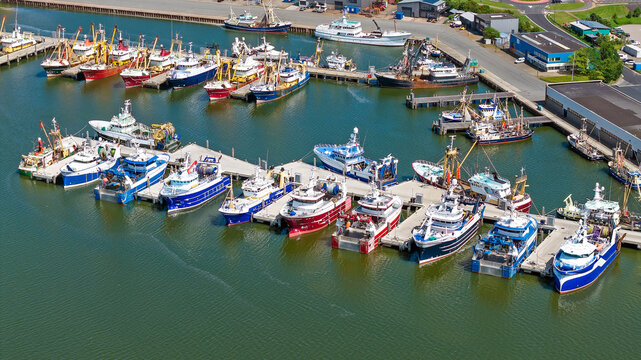 Aerial view of a historic fishing harbor in the Netherlands
