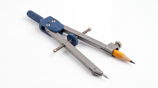 Metal drafting compass with yellow pencil featuring blue plastic adjustment handle and precision hardware displayed neatly on white background