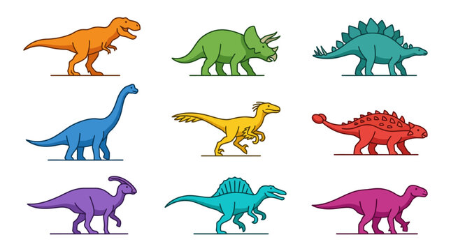Set of colorful flat dinosaur silhouette icons.
