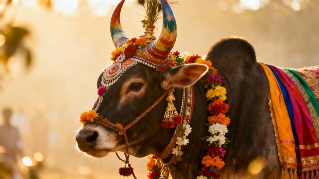 Decorated Indian bull adorned with traditional flower garlands and painted horns for the Mattu Pongal harvest festival celebration in warm golden sunlight