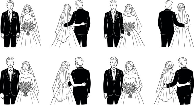 Romantic wedding couple bride and groom front and back view doodle sketch line art vector illustration