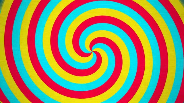 Vibrant rotating tri-color spiral with retro scanline texture.