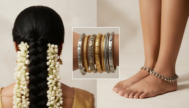 Traditional Indian bridal styling collage featuring jasmine gajra braided hair, ornate gold and silver bangles, and traditional anklets in a minimalist studio