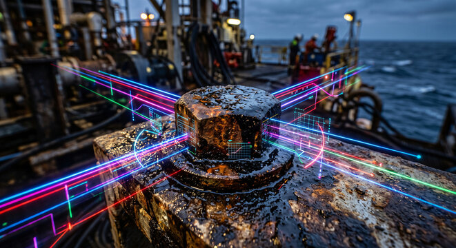 Photorealistic macro of a rusted bolt on an oil rig covered in crude with neon scanning rays