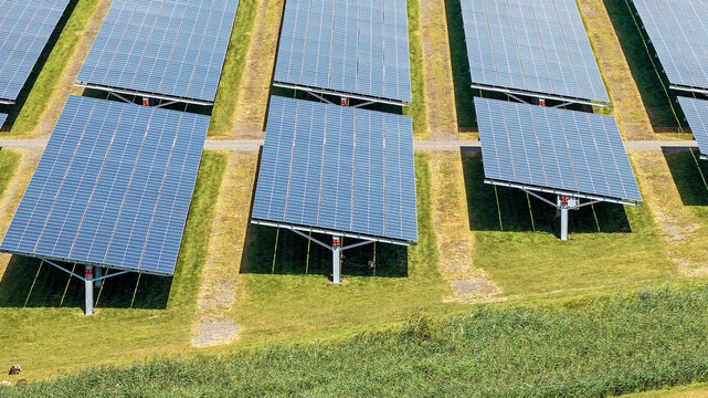 Aerial close up of a solar car park in Biddinghuizen, the Netherlands