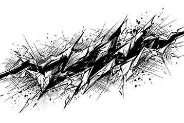 Fototapeta premium Abstract black and white dynamic sketch featuring sharp geometric shards and ink splashes in an aggressive style