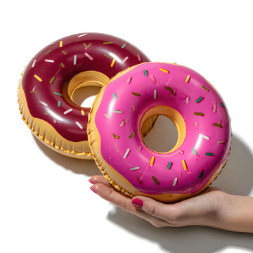 Two inflatable pool float donuts in pink and dark red held by a hand