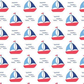 Seamless nautical pattern with red and blue sailboats and simple ocean waves on a white background