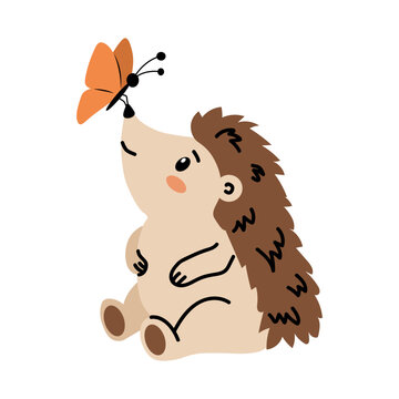 Cartoon hedgehog sitting with butterfly touching nose cutout for children book nursery room print decor art project