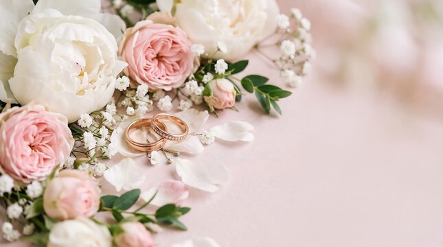 Delicate Wedding Ring Arrangement with Roses and Baby's Breath on Pink Background