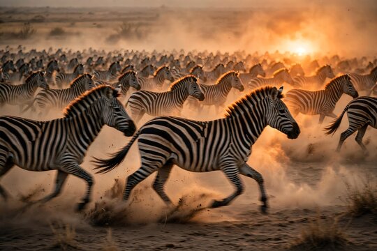 Large herd of Plains zebras running in the dusty savanna during a golden sunset illustration
