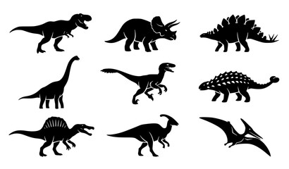 Prehistoric Dinosaur Black Vector Silhouette Set, T Rex Triceratops and Jurassic Icons © Saima