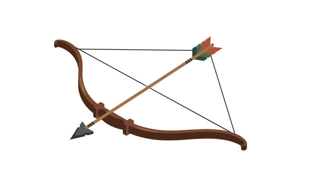 Classical wooden archery bow with an arrow positioned ready for shooting on a clean white background.