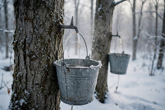 Collecting sap from Acer saccharum sugar maple trees using traditional metal buckets and spiles in a snowy winter forest for maple syrup production