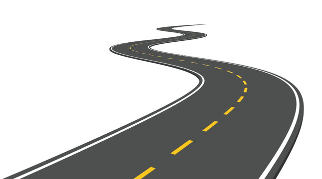 Winding asphalt road vector illustration showing a curved highway path isolated on a clean white background