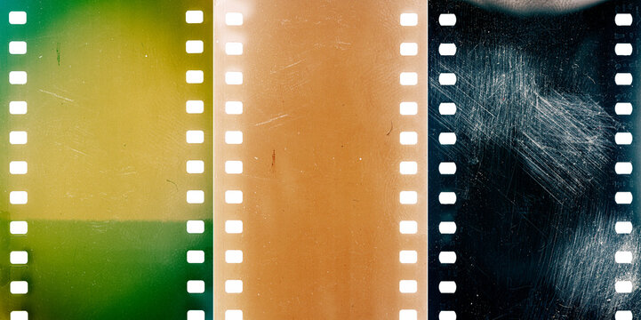 Collection of images with dusty and grungy 35mm film textures or surfaces. Perforated scratched camera film isolated on white background.
