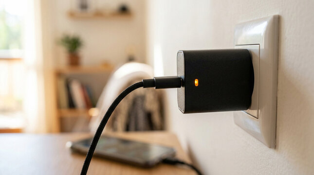Black USB wall charger plugged into white outlet