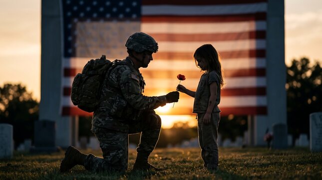 A silhouette of a soldier in uniform kneeling to give a flower to a young child during a memorial day sunset ceremony