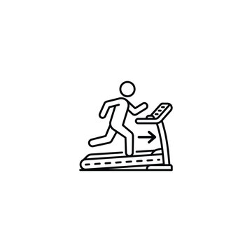 A clean black and white vector illustration showing a stick figure jogging on a treadmill machine with a directional arrow indicating movement and progress.