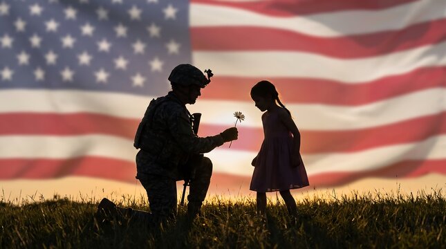 A silhouette of a soldier kneeling to give a flower to his young daughter in front of an american flag for memorial day