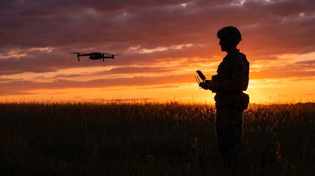 A silhouette of a soldier operating a drone during a beautiful golden sunset for memorial day remembrance and modern military technology concepts