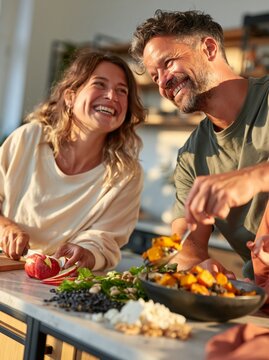 Couple laughing and preparing a fresh salad with vegetables and nuts