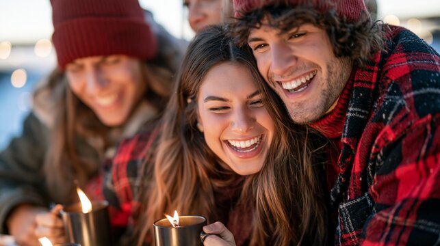 Group of young friends smiling, laughing, and warming up outdoors with lit mugs