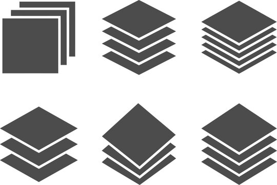 A series of stacked square shapes arranged in a collection depicts various quantities of layers which represent software interface functions for organizing visual elements inside a graphical